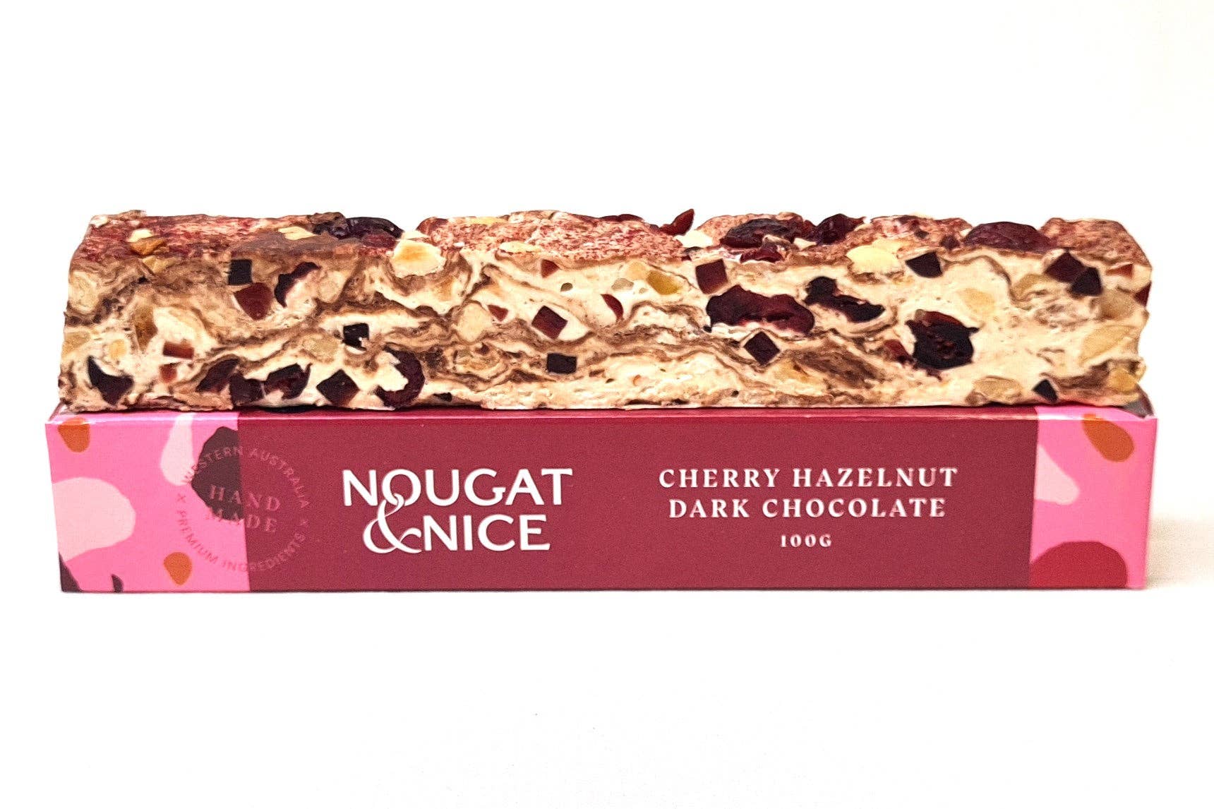Nougat & Nice - Wholesale Nougat - Cherry Hazelnut & Dark Chocolate Nougat | 100g Bar1