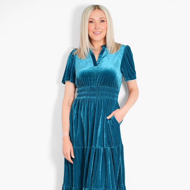 Roxy Tiered Maxi Dress- Teal, Velvet for wholesale by Sarta