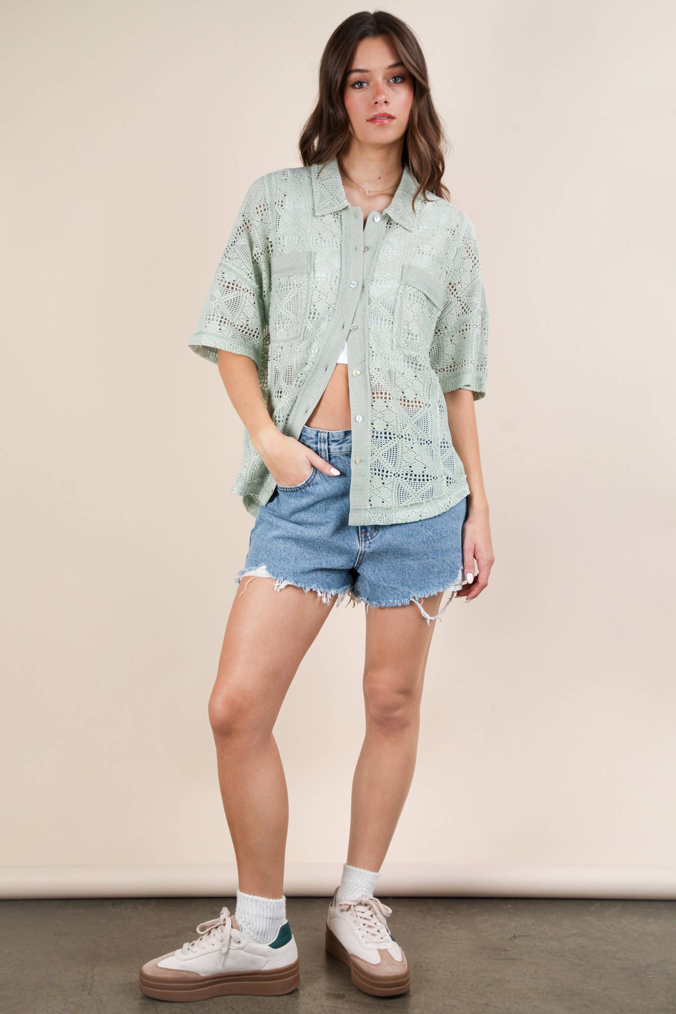 VERY J - Wholesale Jacket - Women's - NT12083-Oversized Crochet Button Down Shirt Top7
