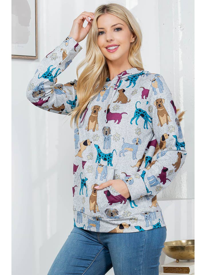 LA Soul - Wholesale Hoodie - Women's - Dog Print Sweater Knit Pullover Hoodie