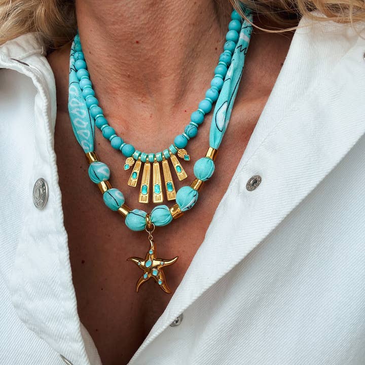 Goupi - Wholesale Beaded/Pearl Necklace - Aqua & Gold Layered Necklaces – Scarf necklace & Starfish