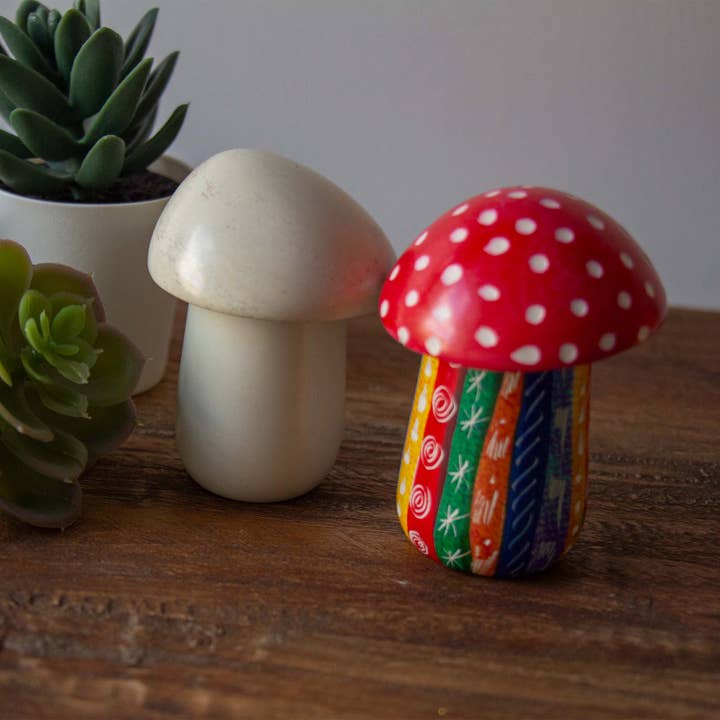 Global Crafts - Wholesale Decorative Box - Soapstone Mushroom Box in Rainbow Colors with Etchings1