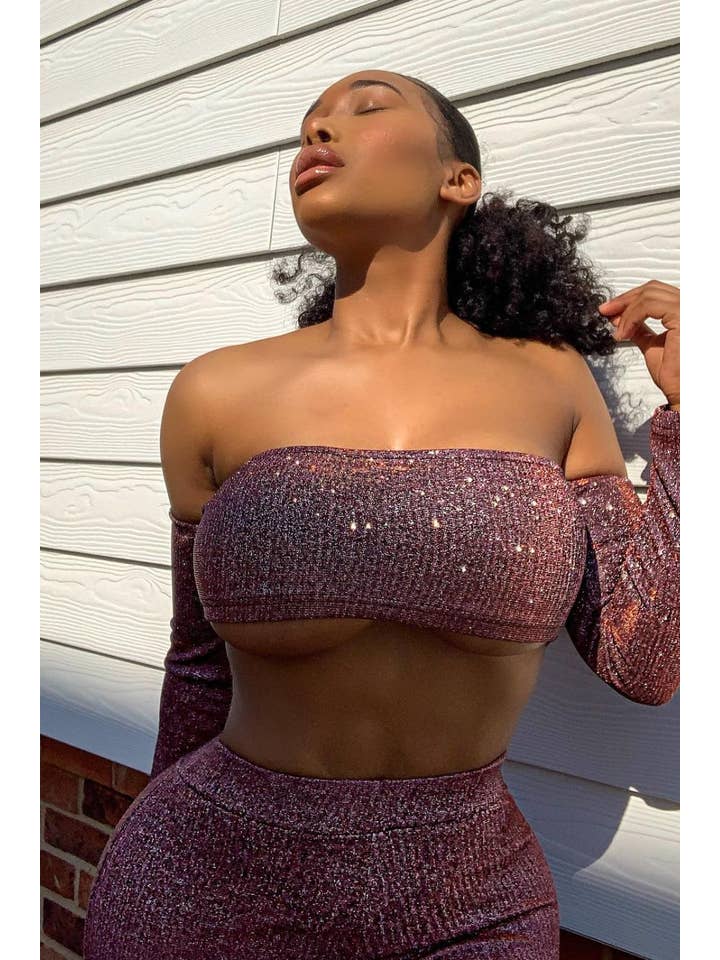 Nazz Collection Clothing Ltd - Wholesale Dress – Women's - Havana Plum Metallic Glitter Two Piece Leggings Co-ord Set5