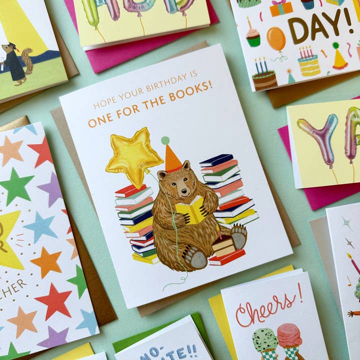 Yeppie Paper - Wholesale Birthday Card - Reading Bear with Books and Cake Birthday Card