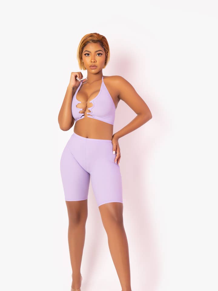 Top Infinity Invisible Lavender con set di pantaloncini da motociclista per la vendita all'ingrosso da parte di Playsuit Apparel