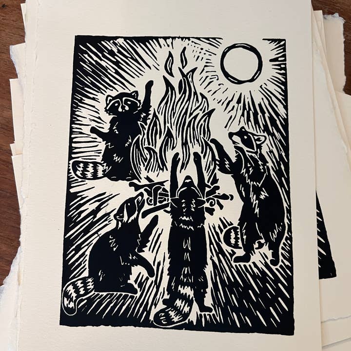 Raccoon Bonfire Print - Screen print on BFK Rives paper for wholesale by Critter Butts