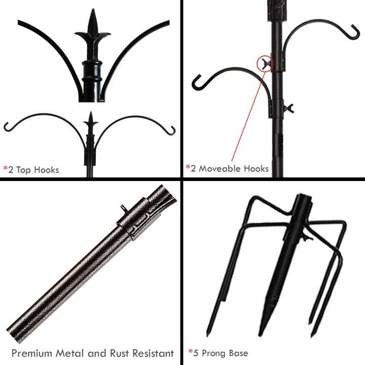Ashman Online - Wholesale Bird Feeder - Premium Bird Feeding Station with 2 Bird Feeders Included for Outside - Multi Feeder Pole Stand Kit with 4 Hangers, Bird Bath and 5 Prong Base for Attracting Wild Birds - 22 Inch Wide x 92 Inch Tall.