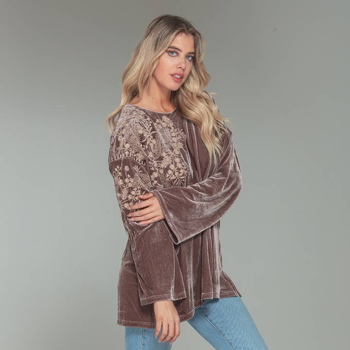 Paparazzi By Biz - Wholesale Blouse - Women's - 1321-MAT Stretch Velvet Tonal Embroidered Shoulder Top