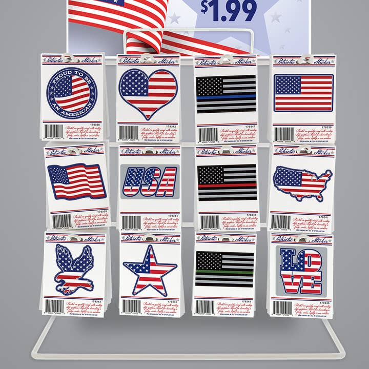 USA Flag Patriotic Mini Vinyl Stickers 240 ct with Display for wholesale by RetroPlanet