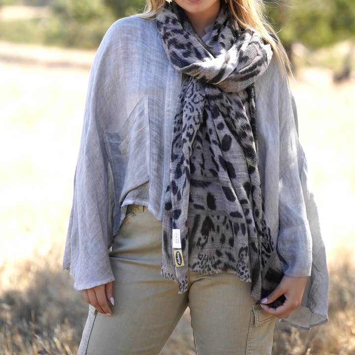 Himalayan Leopard Print Wool Scarf/Wrap Grey for wholesale on Faire