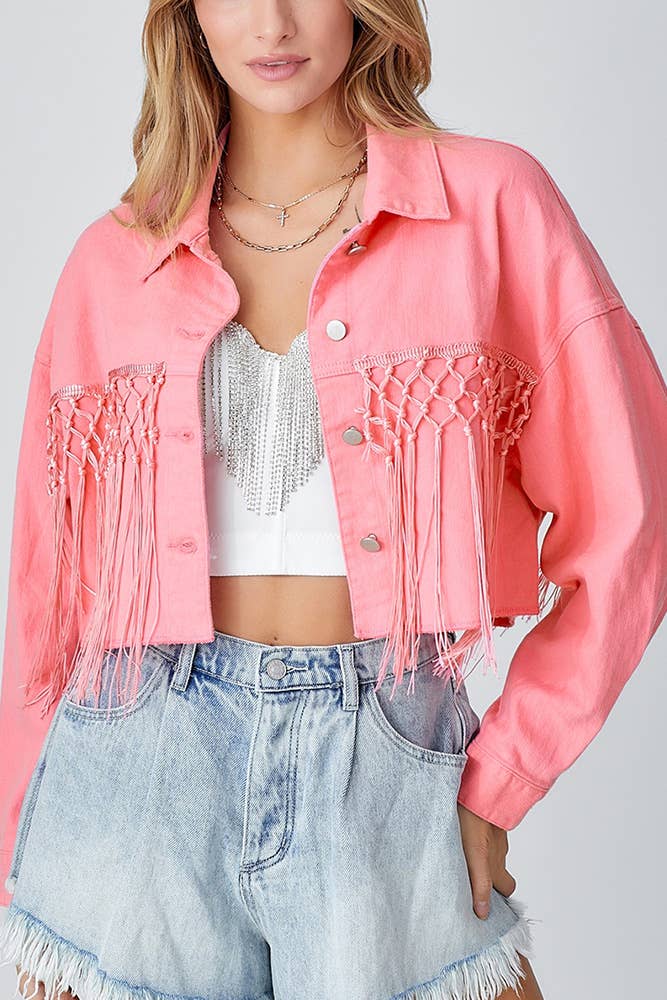 UNISHE - Wholesale Denim Jacket - Women's - Sequin Letter Tassle Denim Short Jacket OZX0820