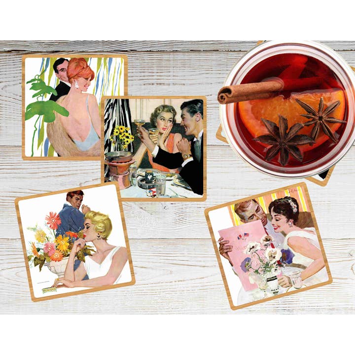 Ensemble de dessous de verre « Romance » en bois découpé au laser Saturday Evening Post pour la vente par LaserMach