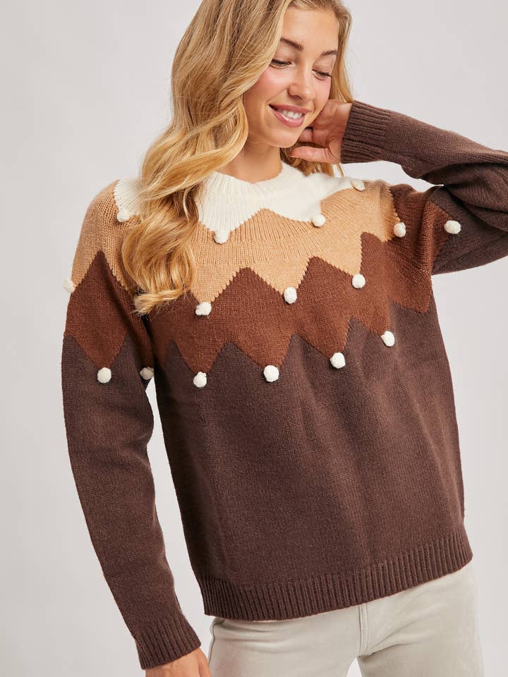Bluivy - Wholesale Knitted jumper – Women′s - CHEVRON COLOR-BLOCKED POM-POM KNIT SWEATER1
