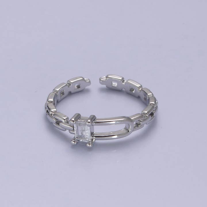 Aim Eternal - Wholesale Multi-Stone Ring - 24K Gold Filled Belt Buckle Ring in Gold & Silver, Minimalist Cable Link Chain Ring with CZ Crystal Cubic Zirconia, S-341