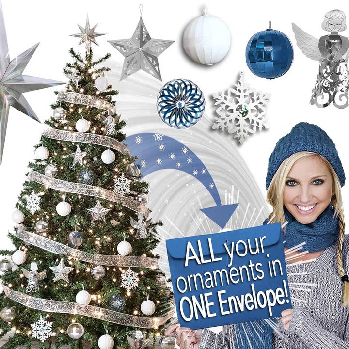 Kit de décorations de sapin de Noël escamotables, pliable, argenté et blanc pour la vente par Furlies Greetings