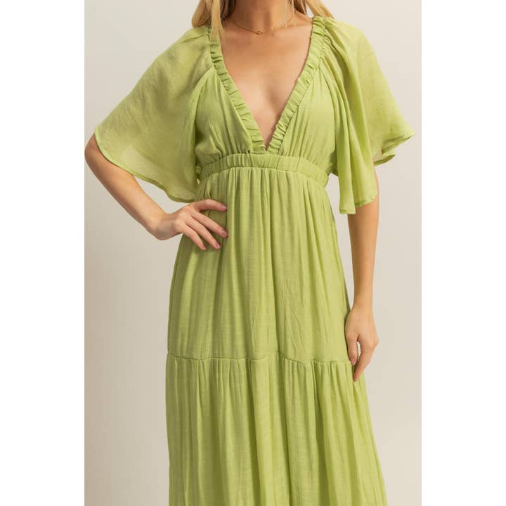 HYFVE - Wholesale Dress - Women's - HF25E045-V-Neck Flowy Sleeves Tiered Maxi Dress