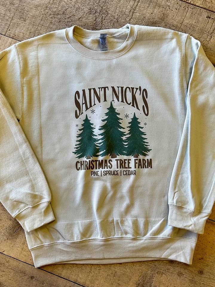 St. Nicks Christmas Tree Farm Graphic Sweatshirt for wholesale by Rowdy Rowels