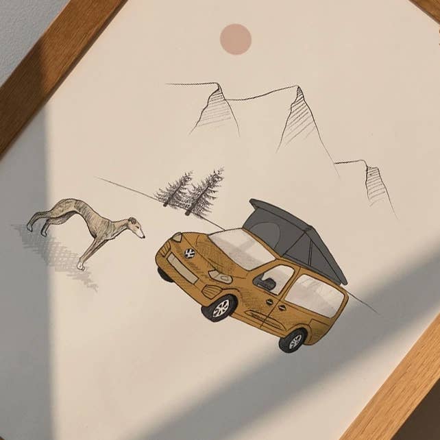 Beth Goodwin Designs - Wholesale Art Print - Camper Van print | Whippet Art | Woodland Dog Walks4