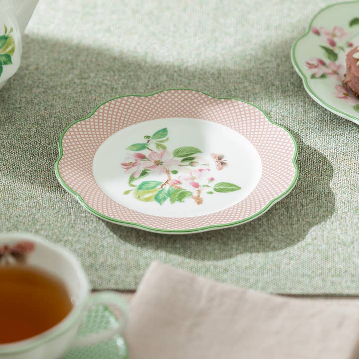 Apple Blossom Pink Lattice Bone China 6.5" Appetizer Plate for wholesale by Grace Teaware