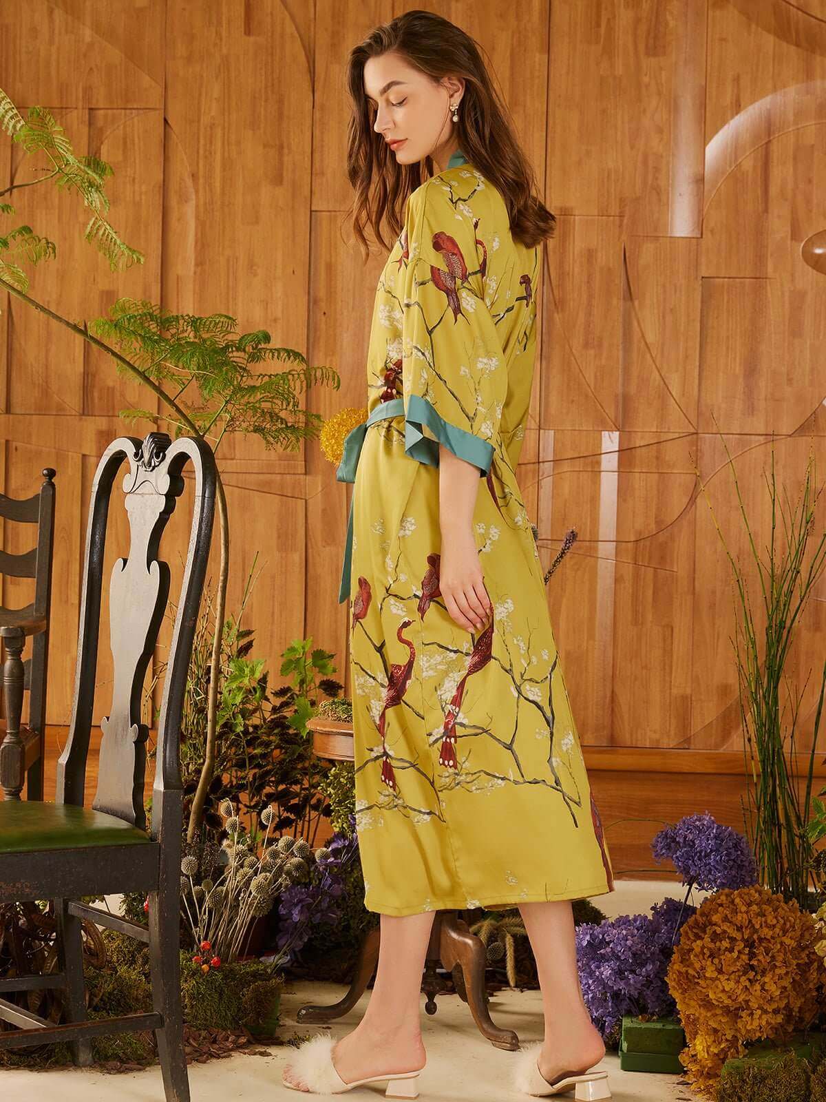 guld Kimono Morgonrock med Fåglar för wholesale på Faire5