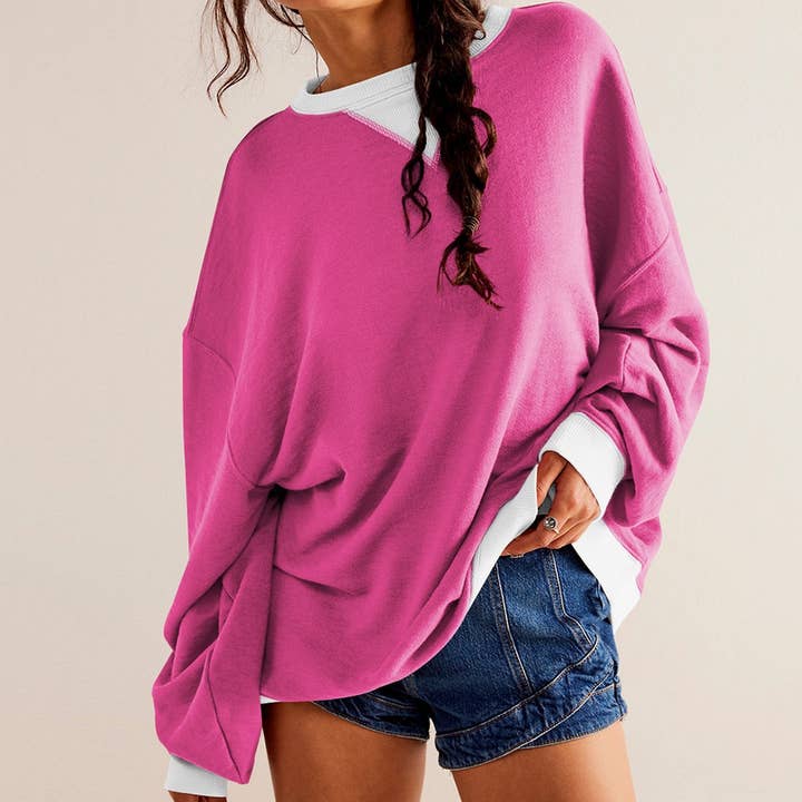 Lily Clothing - Wholesale Hoodie - Women's - Solid color crew-neck split loose sweatshirt hoodie