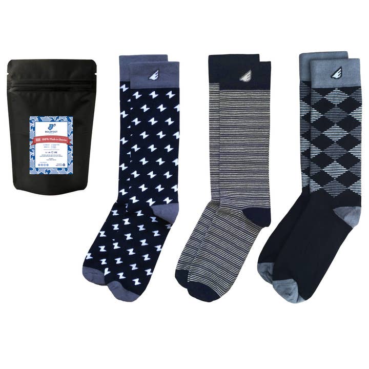 Lot de 3 chaussettes habillées formelles à motifs amusants pour hommes, noir et blanc pour la vente par Boldfoot Socks
