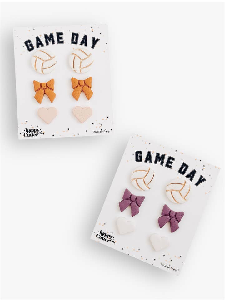Custom Volleyball, Bow & Heart Stud Earring Pack for wholesale by Happy Cutter Co