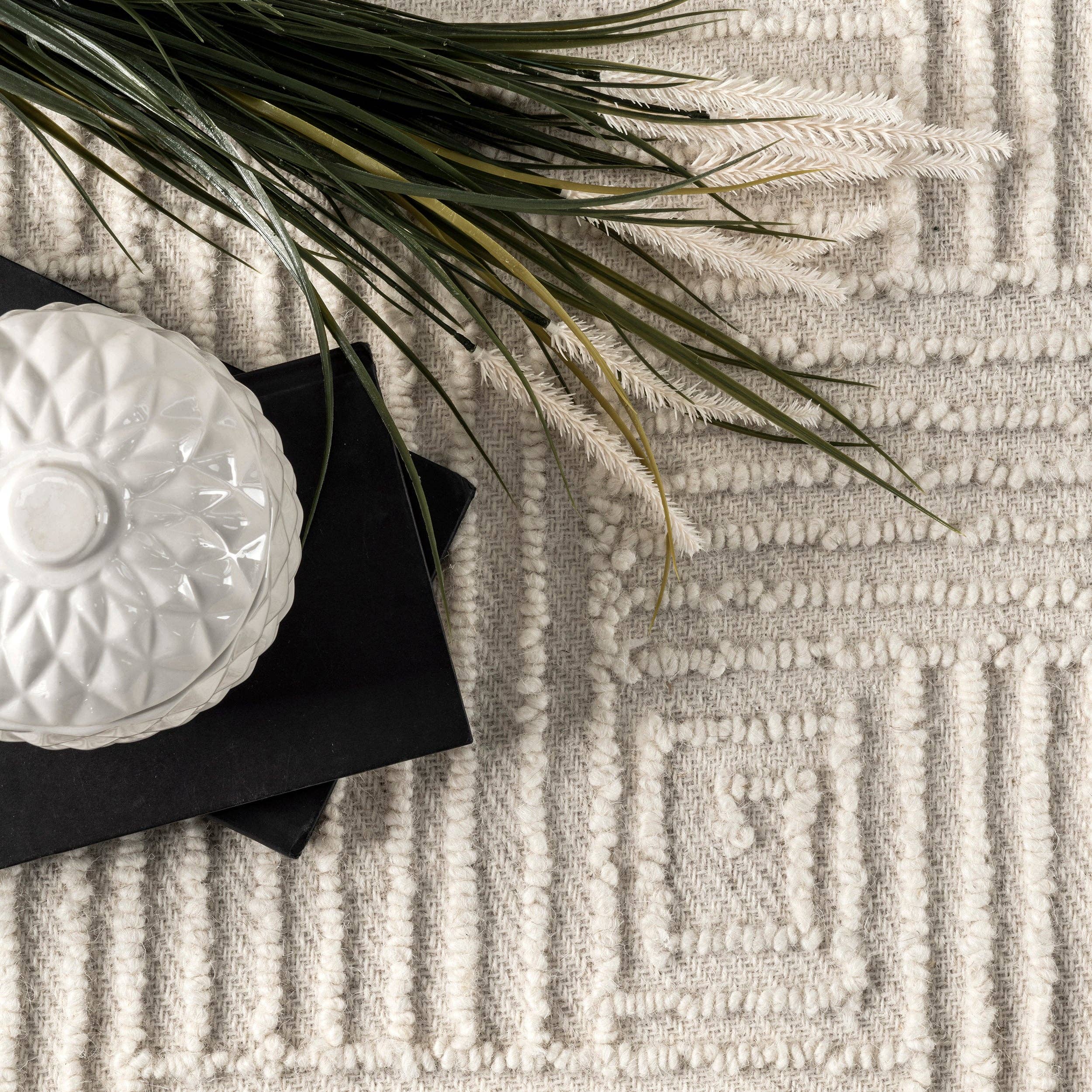 Ivory Mallory Hand Hooked Wool Geometric High Low Textured Area Rug for wholesale on Faire4