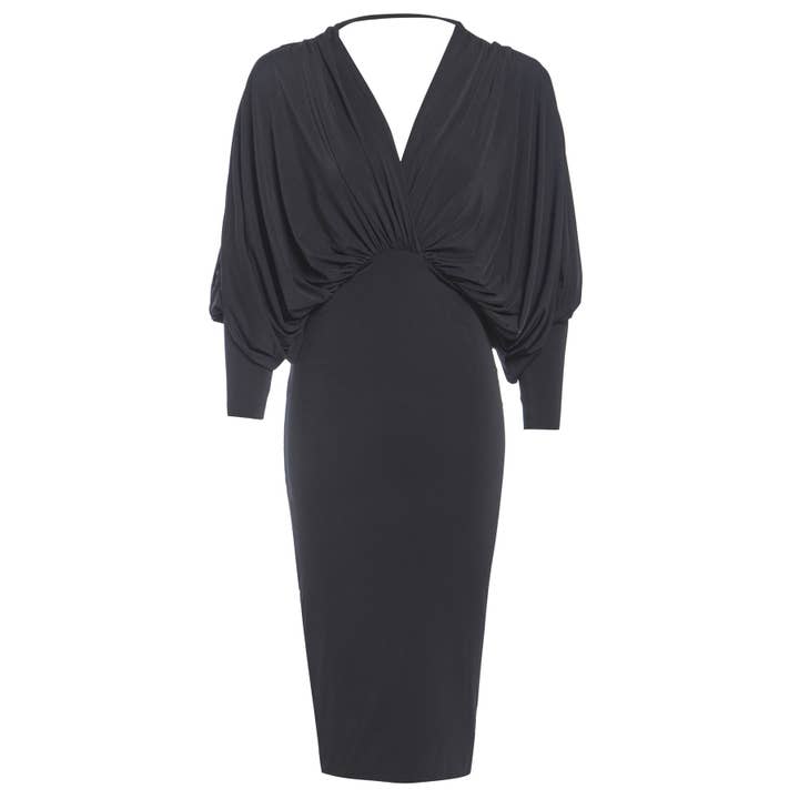 Lea - Black - Black Plunge Front and Back Batwing Midi Dress for wholesale by SARVIN