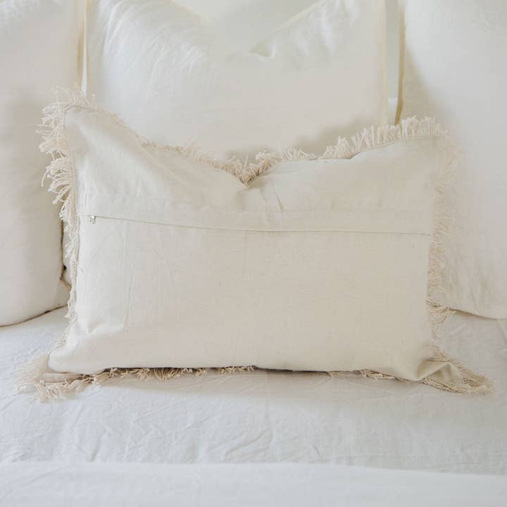 Cozy Prairie Linens Co. - Wholesale Throw Pillow Cover - Signature Woven Ivory Slub Fringed Pillow Cover