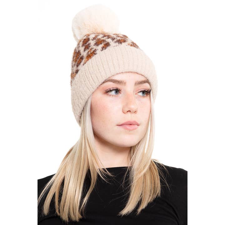 Hana – wholesale Mössa - Dam – Leopard Pom Fuzzy Fleece Mössa