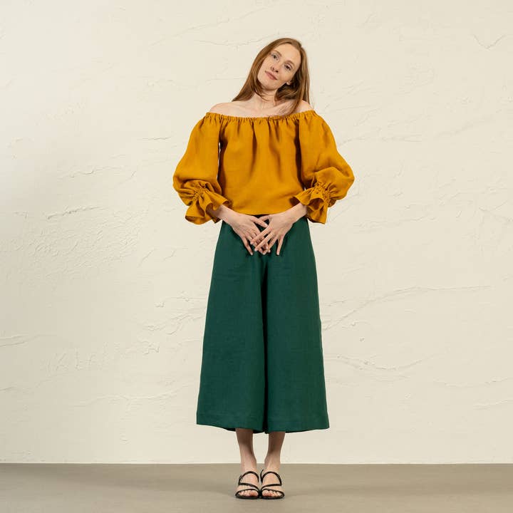 menique - Wholesale Blouse - Women's - Linen Off Shoulder Top with Ruffles Jessica - Linen Blouse