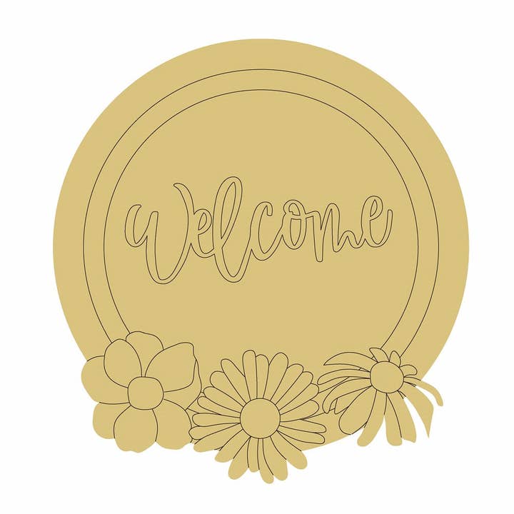 Decorazione in legno grezzo «Welcome With Flowers» disegnata da Lines per la vendita all'ingrosso da parte di Diverse Woodworking