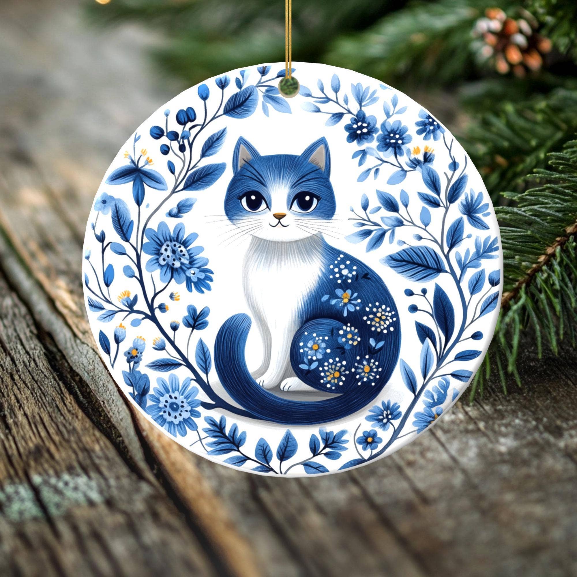 Peeping Tom's Cottage - Wholesale Ornament - Blue Floral Burst Cat – Double-Sided Porcelain Ornament