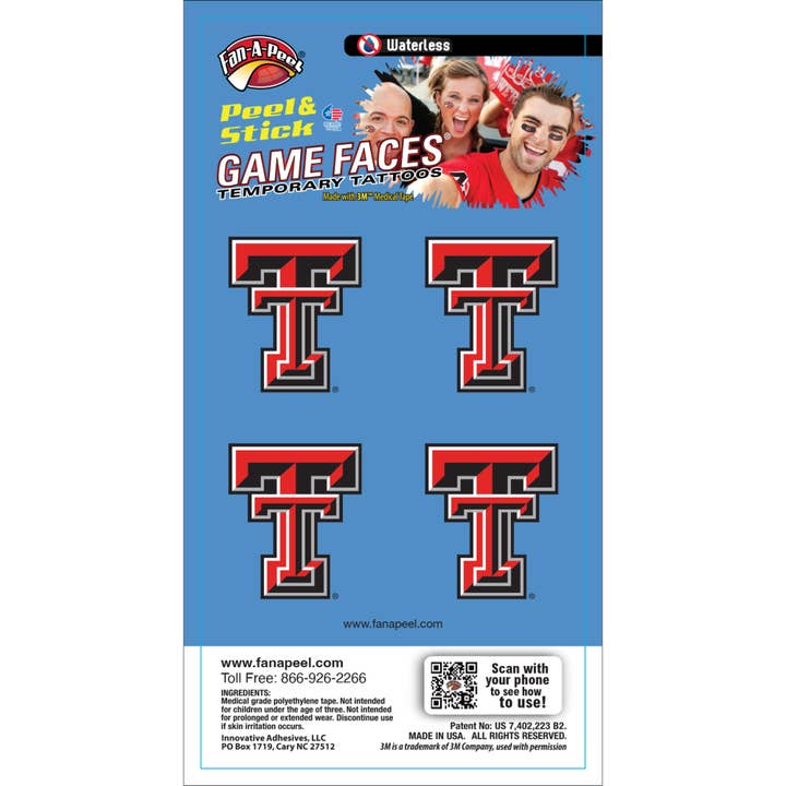 Texas Tech Game Faces® Temporary Tattoos for wholesale by Fanapeel / Gamefaces