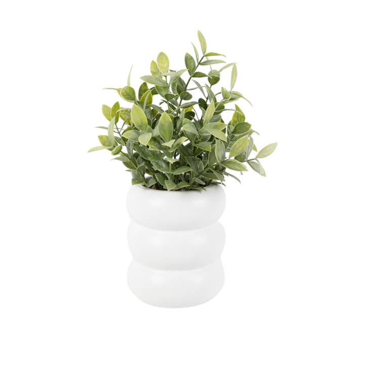 Fausse verdure dans un pot à bulles en céramique blanche pour la vente par Flora Bunda Inc
