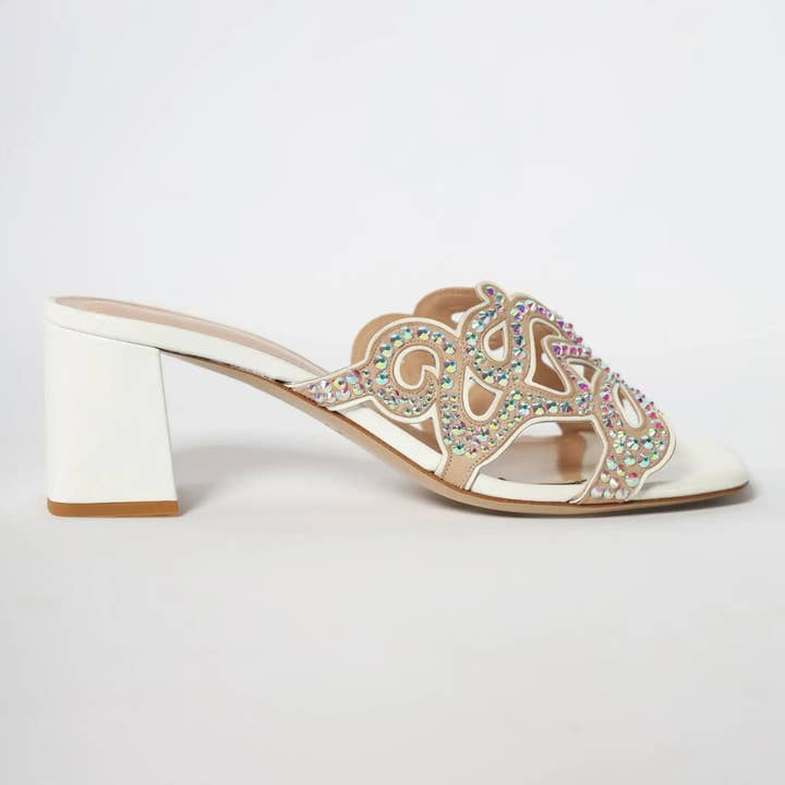 White Rhinestone Bling Cutwork Block Heel Women's Italian Mules for wholesale by Lodevole