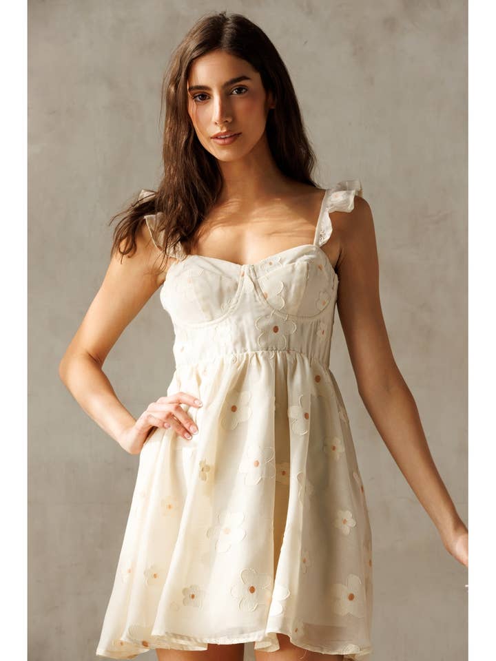 JD6687 - CREAM PINK DAINTY FLORAL MINI DRESS for wholesale by STORIA