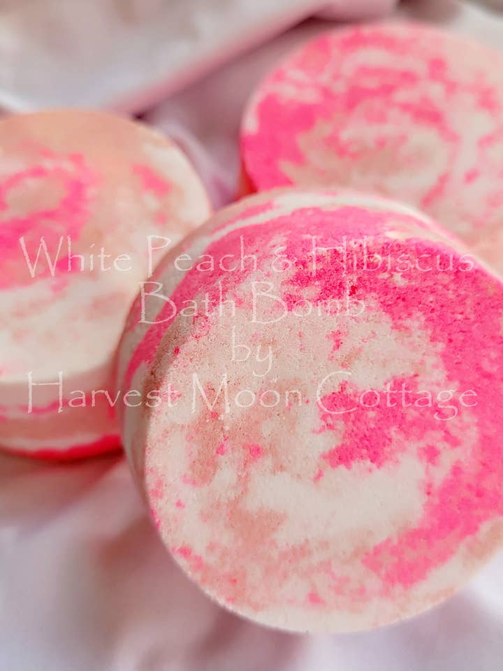 White Peach & Hibiscus Bath Bomb for wholesale by Harvest Moon Cottage Bath and Body