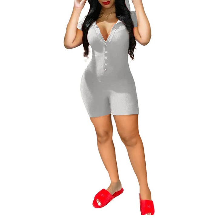 MB Fashion Wholesale - Wholesale Romper - Women's - MB FASHION Hooded Short Sleeve Button-Up Jumpsuit 5224T