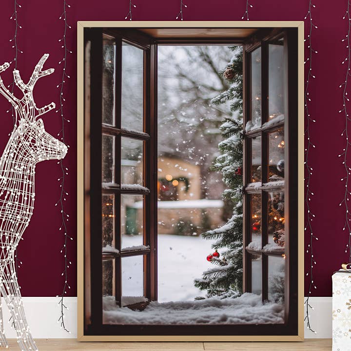 Open Window Christmas Scene Wall Print Poster Art Christmas Print Snowfall for wholesale by House of Binky