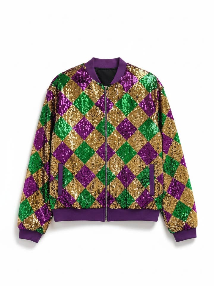 Argyle Pattern Mardi Gras Sequins Festival Jacket for wholesale by Artini Accessories