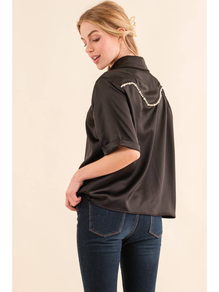 AND THE WHY - Wholesale Button Down Shirt - Women's - ATW15026 - Satin Faux Pearl Oversized Half Sleeve Shirts