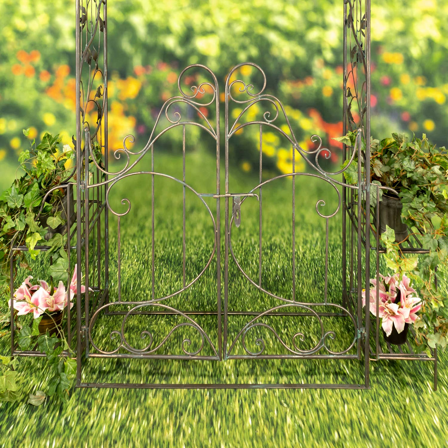 Zaer Ltd. International - Wholesale Outdoor Ornament/Decor - Iron Garden Gate w/Side Plant Stands "Stephania" in 3 Colors25