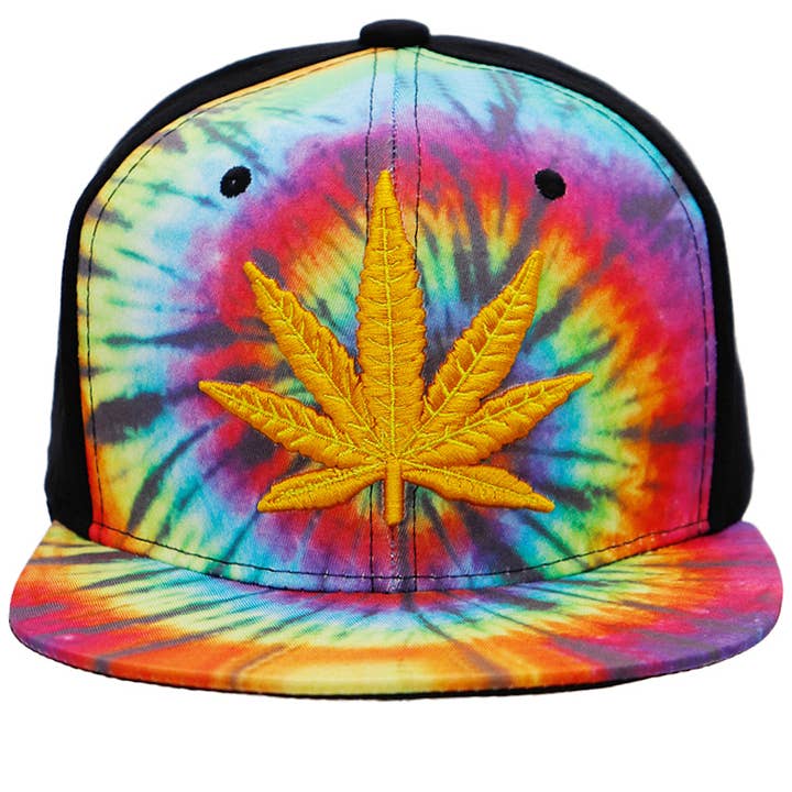 Cap Zone - Wholesale Flat Brim Cap - Unisex - Tie Dye Marijuana Leaf Cotton Six Panel Snapback