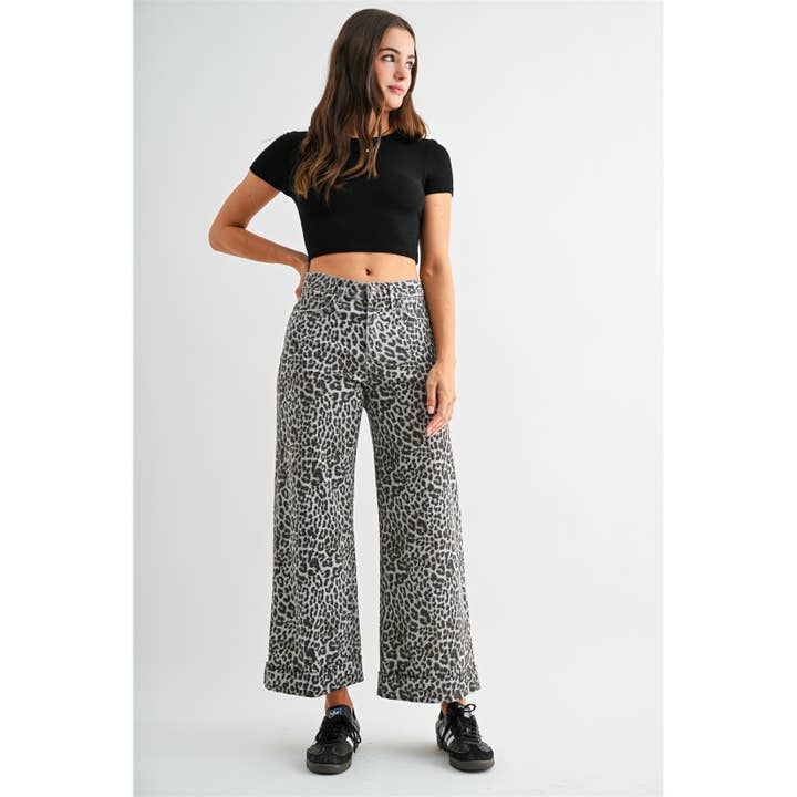HIGH-RISE WIDE LEG CROPPED CUFF LEOPARD for wholesale by Mica Denim