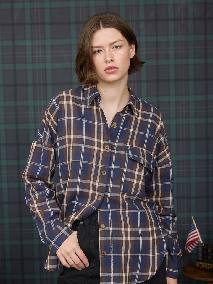 PLAID BUTTON DOWN POCKET DETAIL LONG SLEEVE SHIRT for wholesale by Blu Pepper