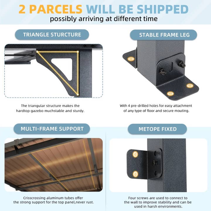 ShipItFurniture - Wholesale Patio Umbrella - 10' X 14' Hardtop Gazebo Outdoor Aluminum Pergola for Garden, Patio, Backyard-Gray3