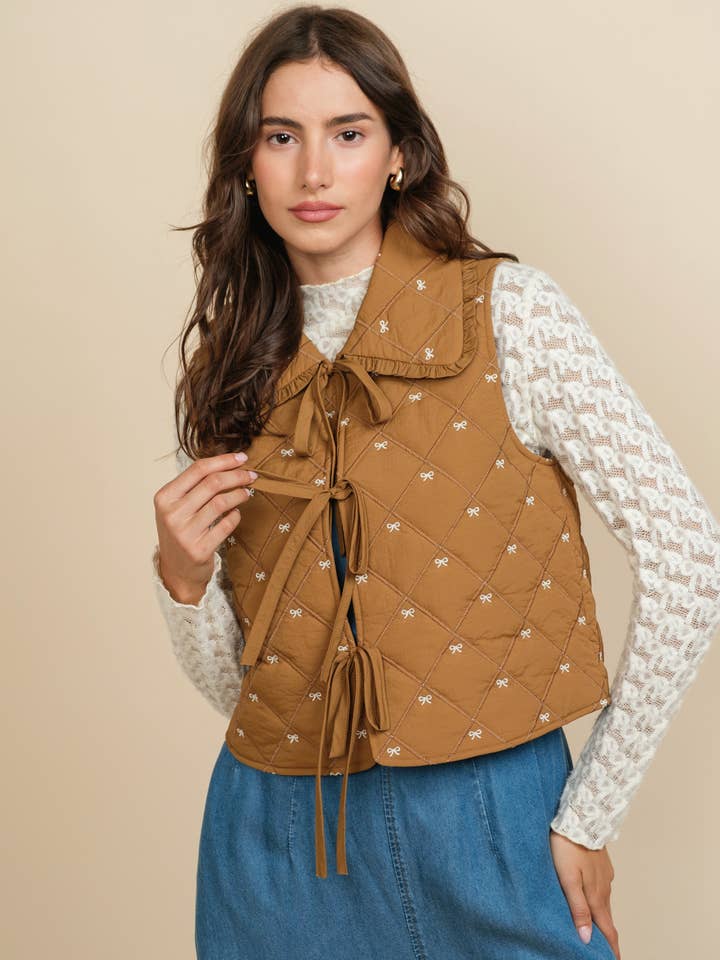 Quilted Bow Embroidered Tie Vest with Peter pan Collar for wholesale by A & SHE