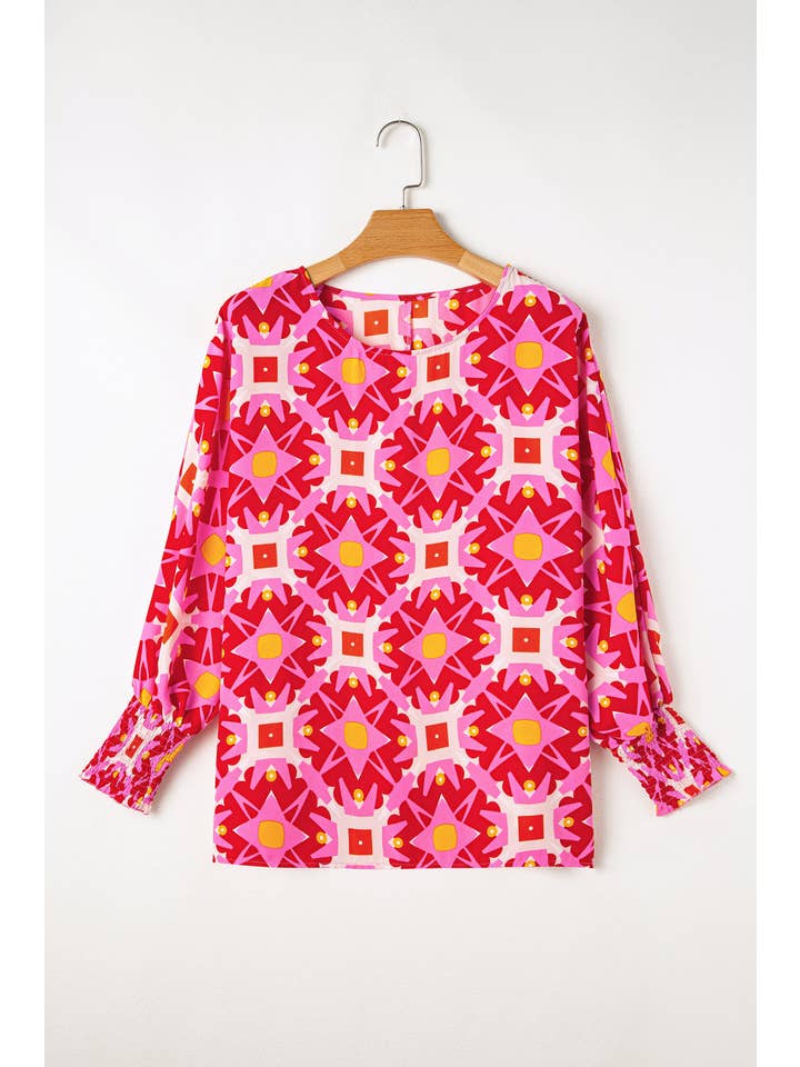 Strawberry Pink Geometric 3/4 Sleeve Blouse for wholesale on Faire